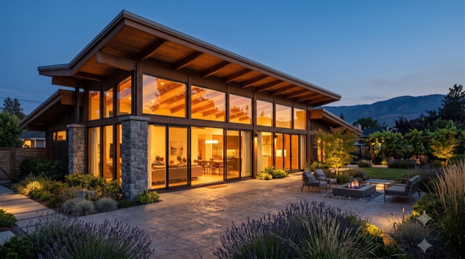 The garden side opens wide in glass and warm light. The face the family lives with.