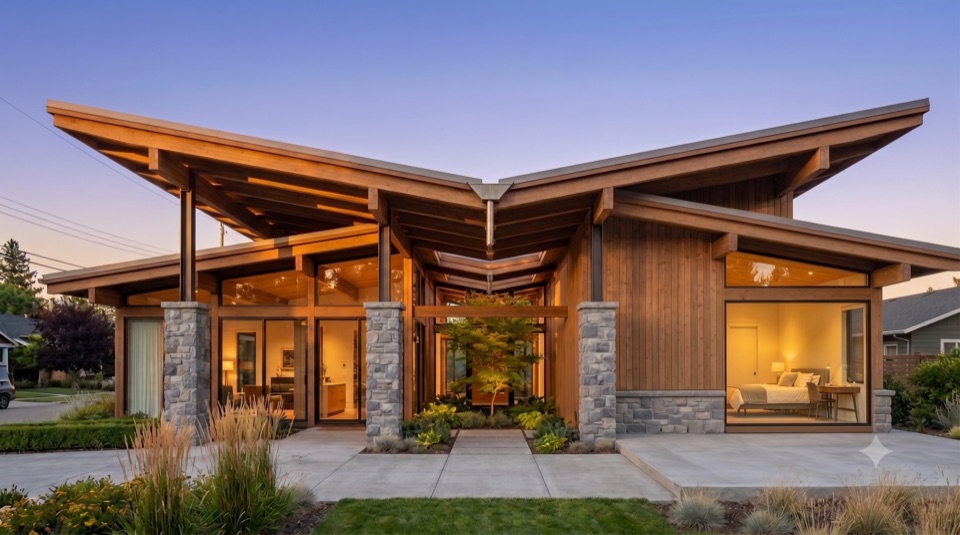Later: a matching cedar wing on that pad. Same roof, one more room.
