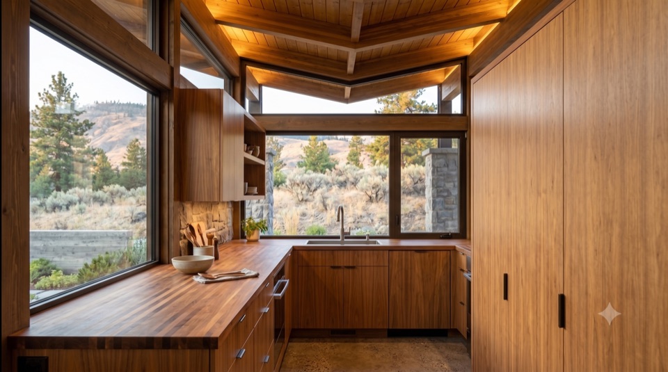 An honest kitchen: plywood, butcher block, a window on the yard.