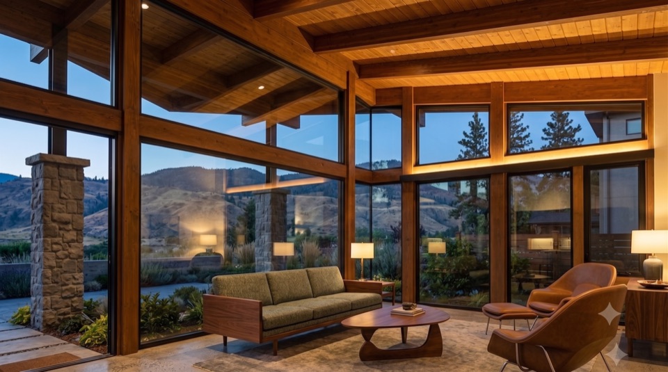 Living room under timber frame on stone piers, a full wall of glass to the outside.
