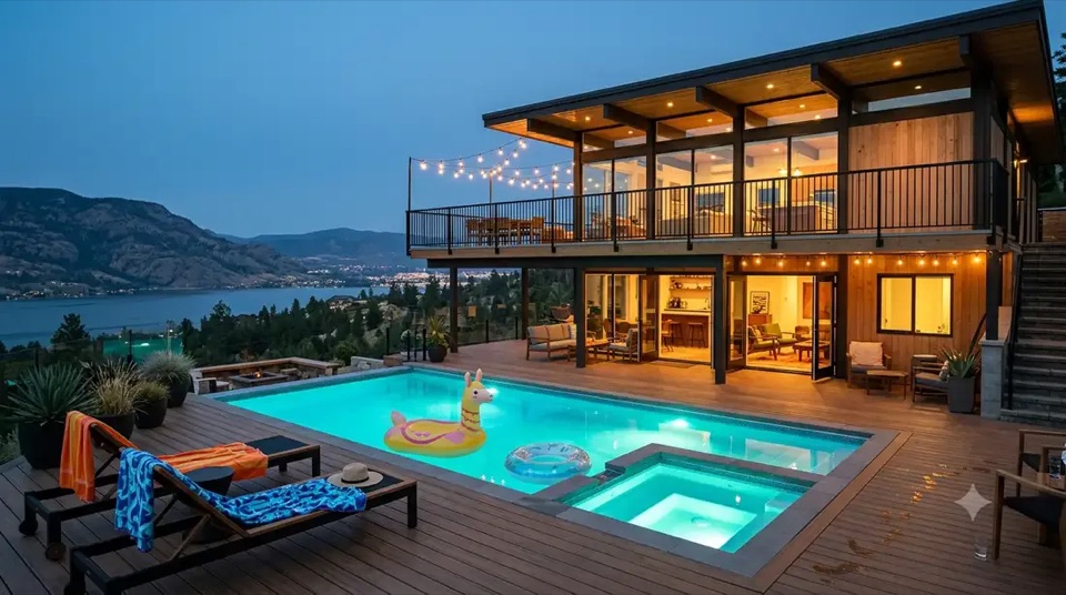The lake side at dusk: glass, deck, and water below.