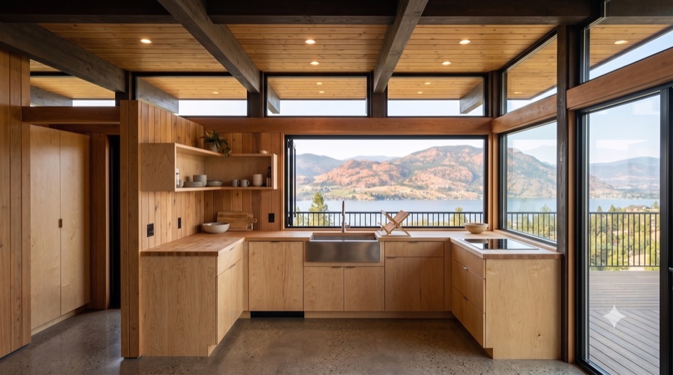 An honest kitchen: plywood, butcher block, a window on the yard.