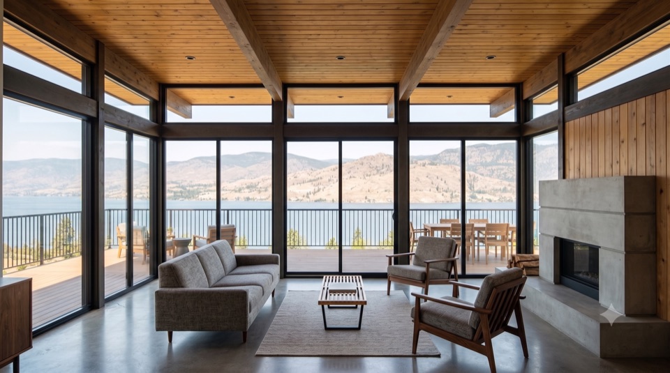 Living room under steel + timber hybrid, a full wall of glass to the outside.