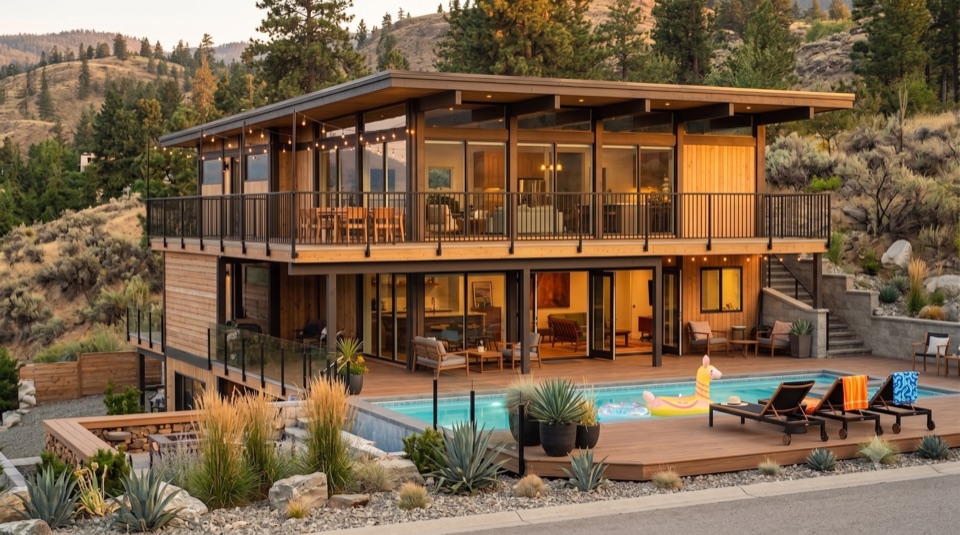 The approach from above, flat roof against the hills.
