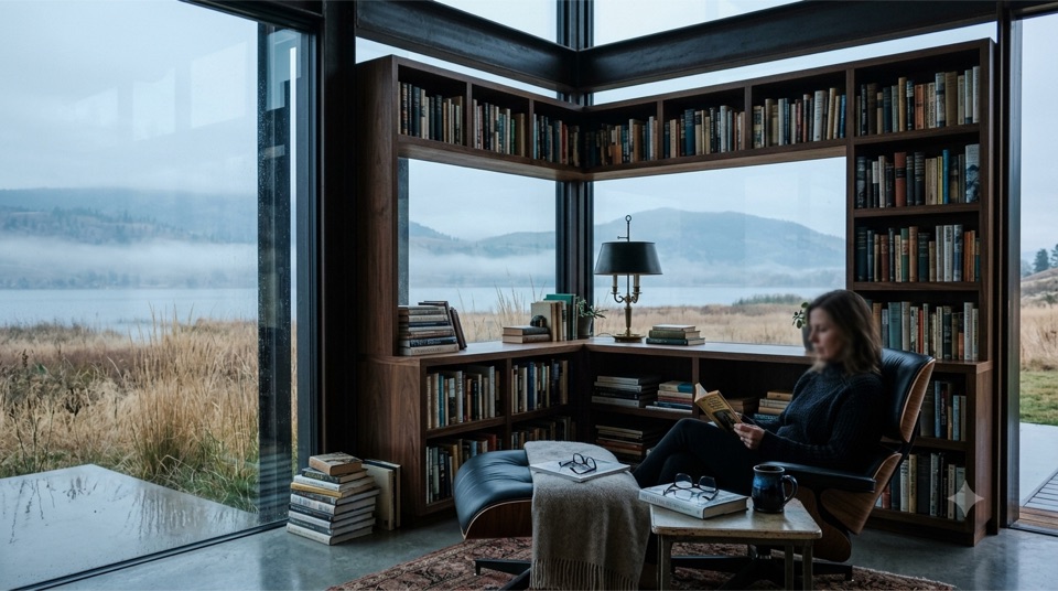 Corner library window over misty fields, reading chair