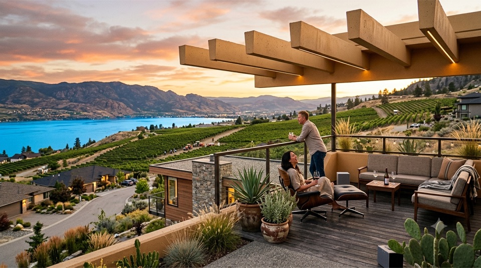 Vine-covered pergola terrace above the vineyard and lake
