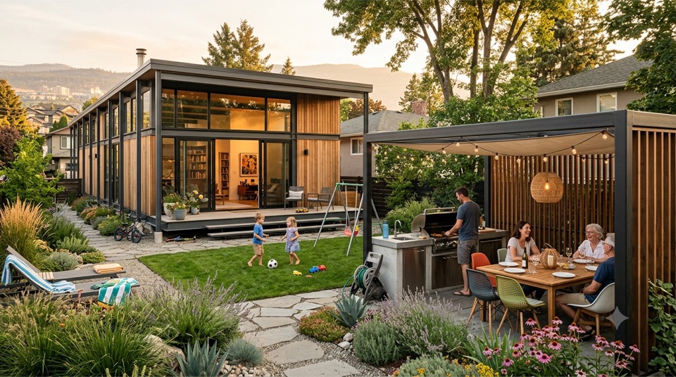Backyard evening: kids on the lawn, dinner at the slatted-screen patio