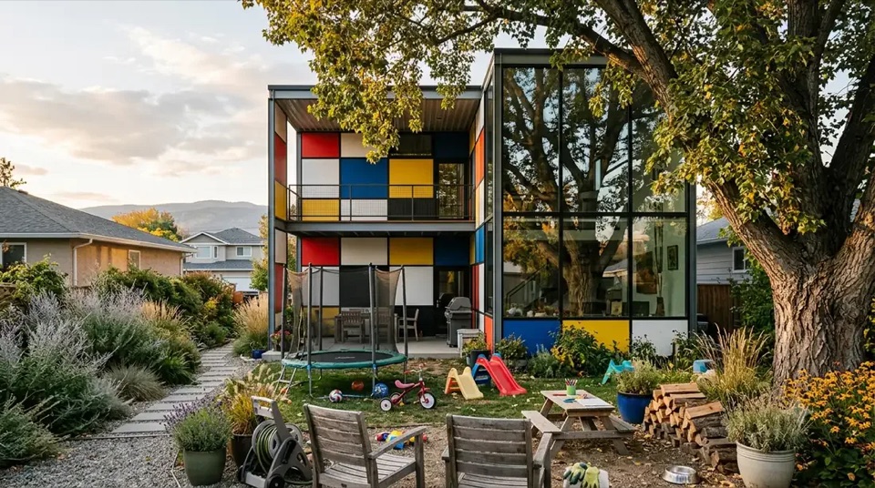 The garden side opens wide in glass and warm light. The face the family lives with.