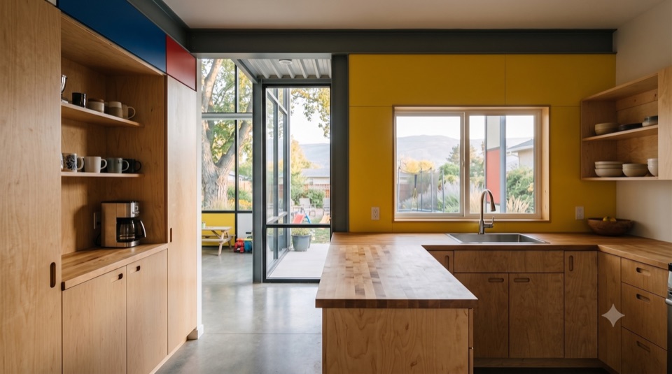 An honest kitchen: plywood, butcher block, a window on the yard.
