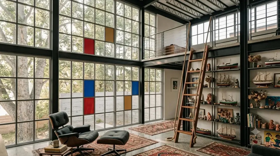 Living room under conventional frame, a full wall of glass to the outside.