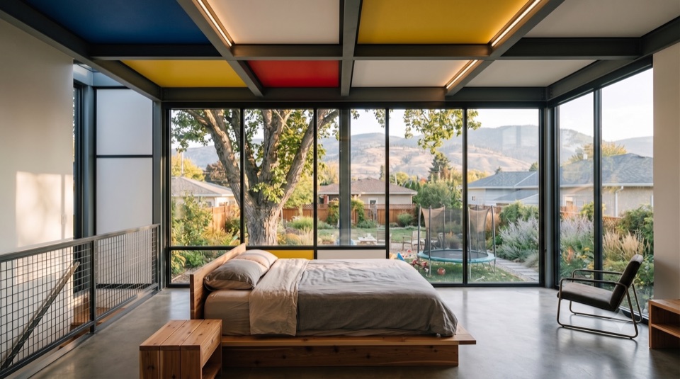 A quiet bedroom that opens to the outdoors.