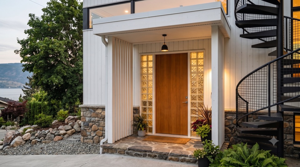 The way in, sheltered under deep eaves, a lit door at dusk.