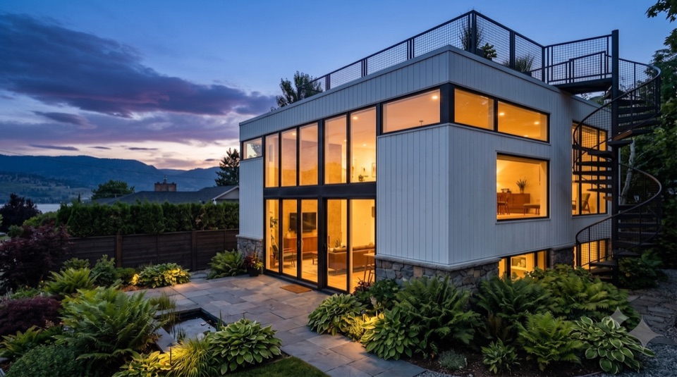 The garden side opens wide in glass and warm light. The face the family lives with.