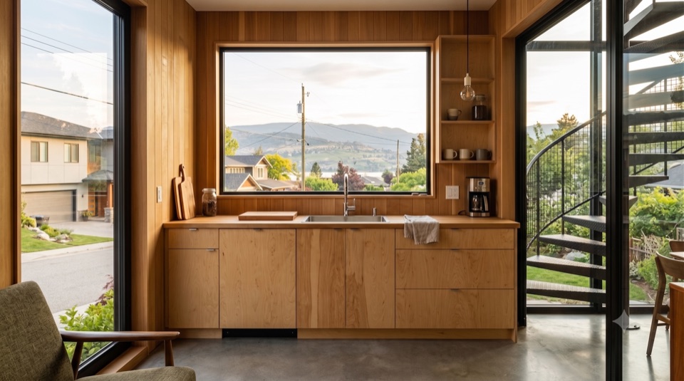 An honest kitchen: plywood, butcher block, a window on the yard.