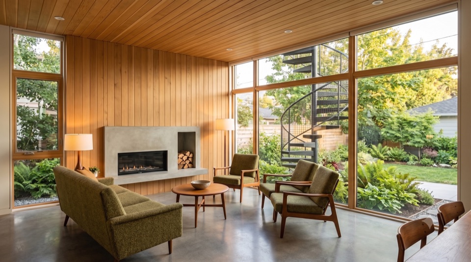 Living room under conventional frame, a full wall of glass to the outside.