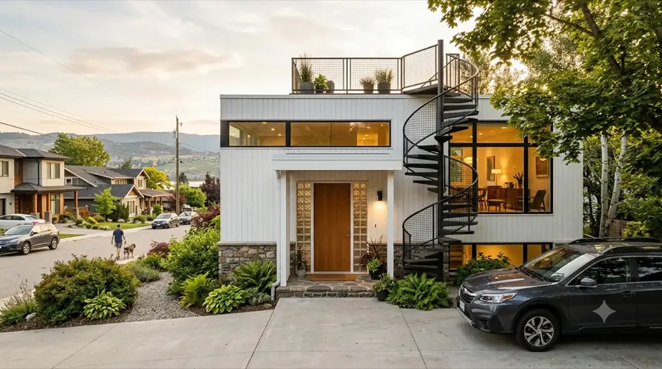 From the street: a calm, low face. The house saves its glass for the garden.