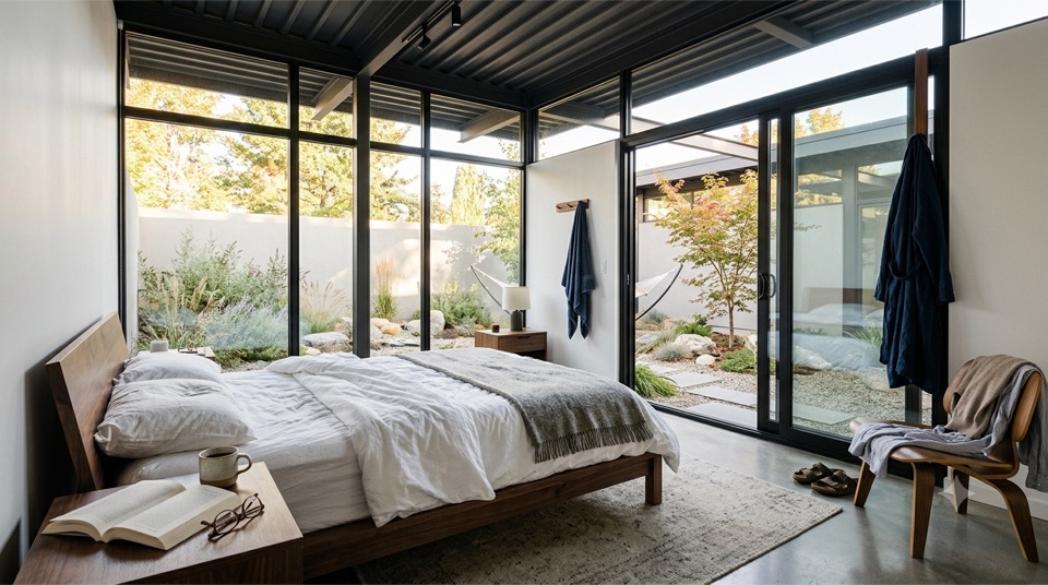 Bedroom opening to a gravel courtyard through black-framed glass