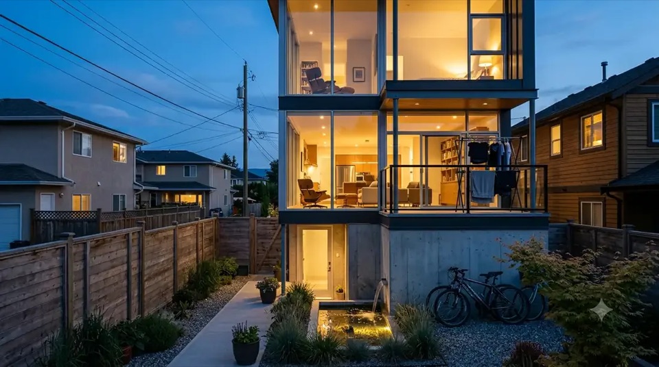 The garden side opens wide in glass and warm light. The face the family lives with.