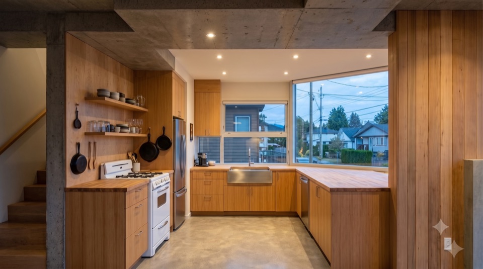An honest kitchen: plywood, butcher block, a window on the yard.