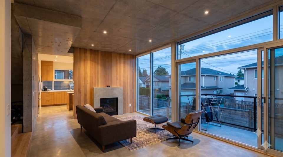 Living room under concrete frame, a full wall of glass to the outside.