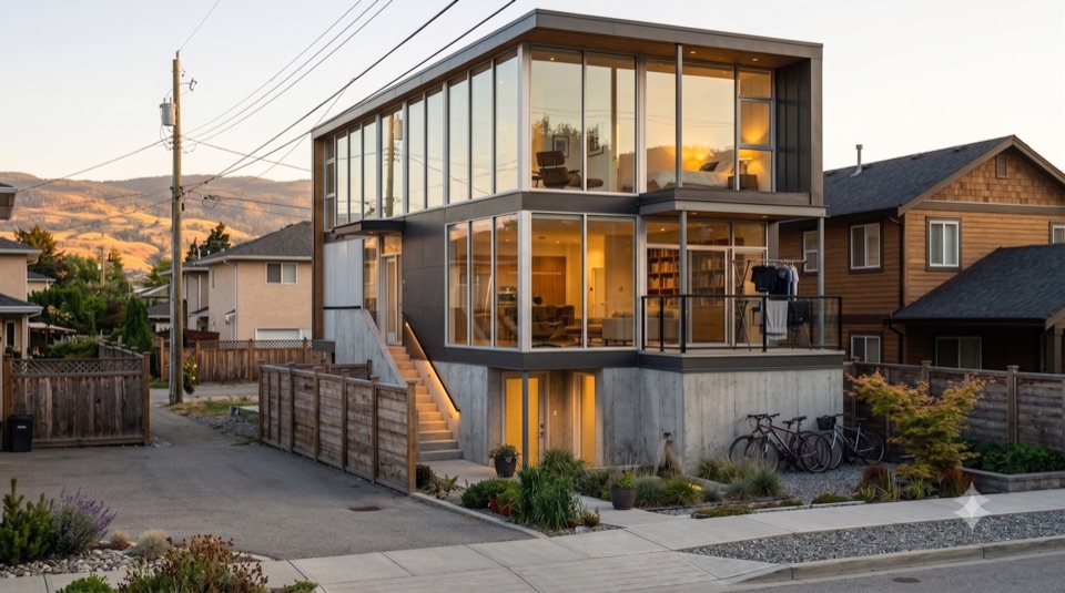From the street: a calm, low face. The house saves its glass for the garden.