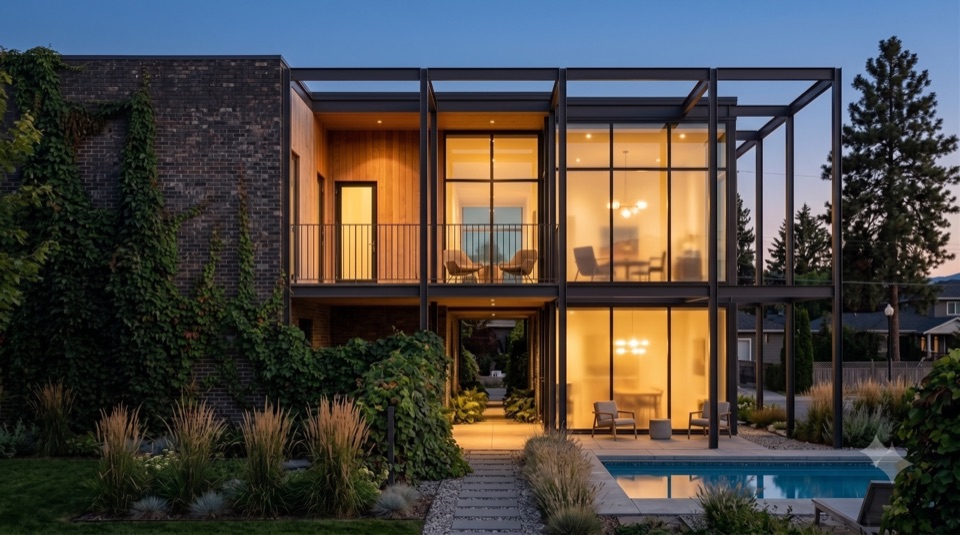 The garden side opens wide in glass and warm light. The face the family lives with.