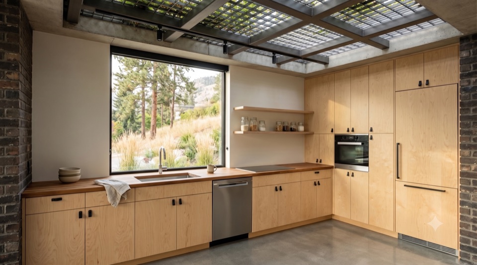 An honest kitchen: plywood, butcher block, a window on the yard.