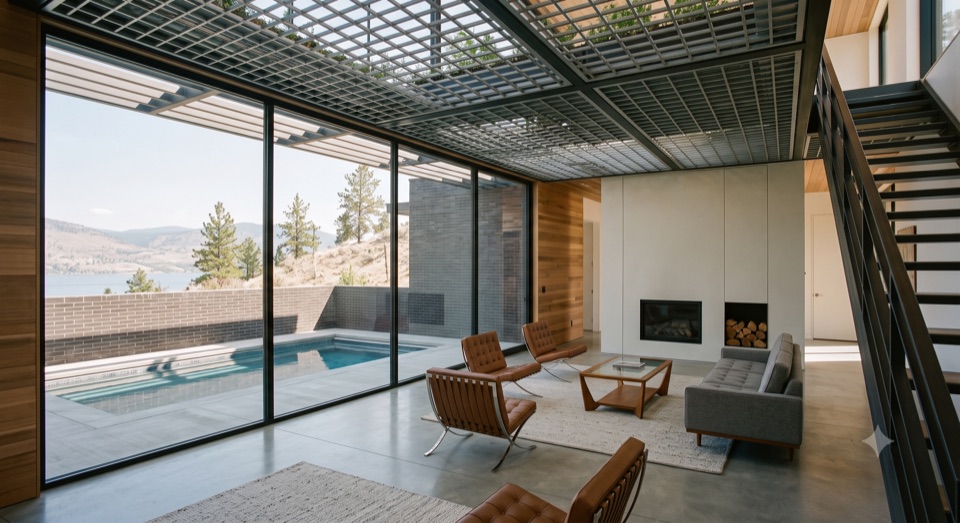 Living room under steel trellis over brick ground floor, a full wall of glass to the outside.
