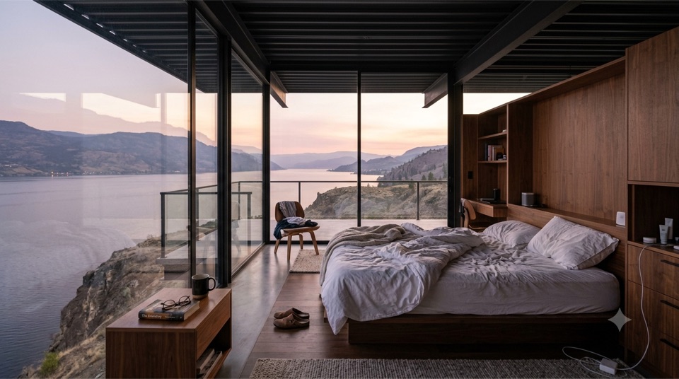 Bed facing the lake through full-height glass at dawn