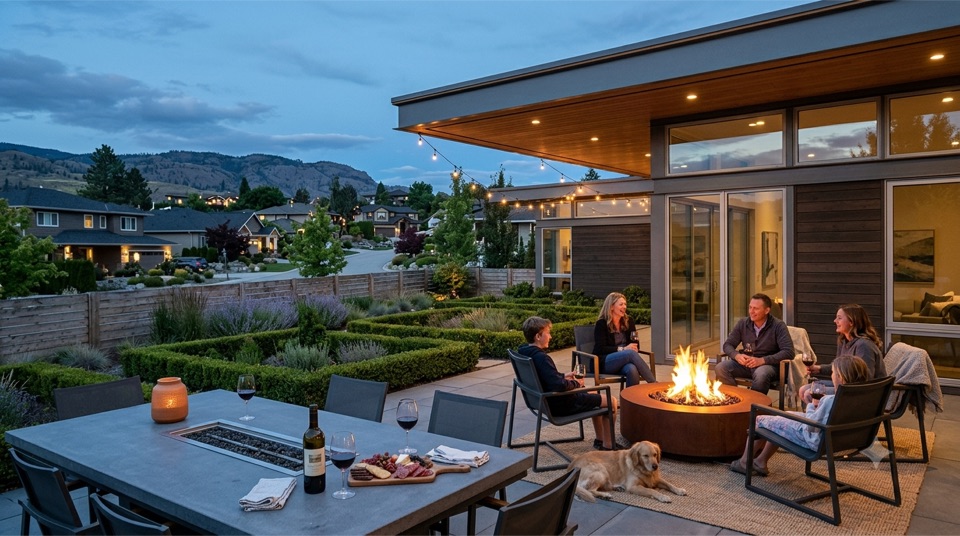 Fire-pit patio at dusk, friends gathered under the eave