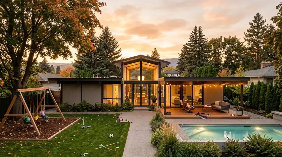 The garden side opens wide in glass and warm light. The face the family lives with.