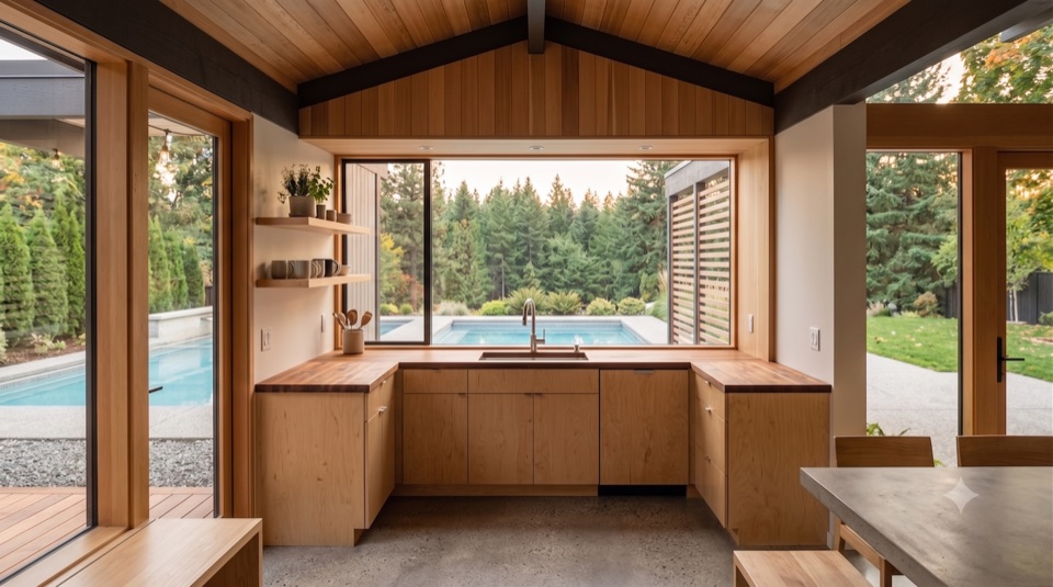 An honest kitchen: plywood, butcher block, a window on the yard.