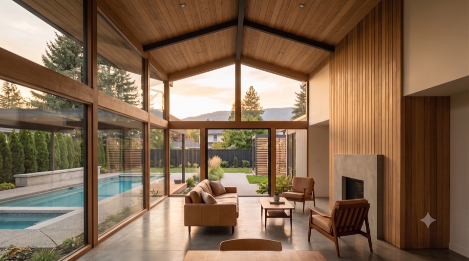 Living room under conventional frame, a full wall of glass to the outside.