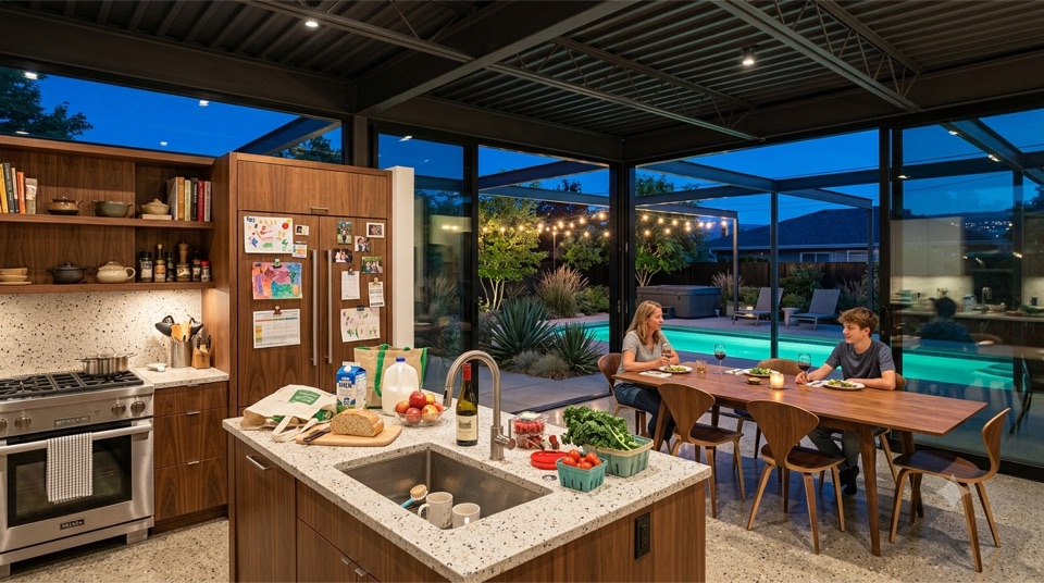 Kitchen at night with family at the table, pool glowing past the glass