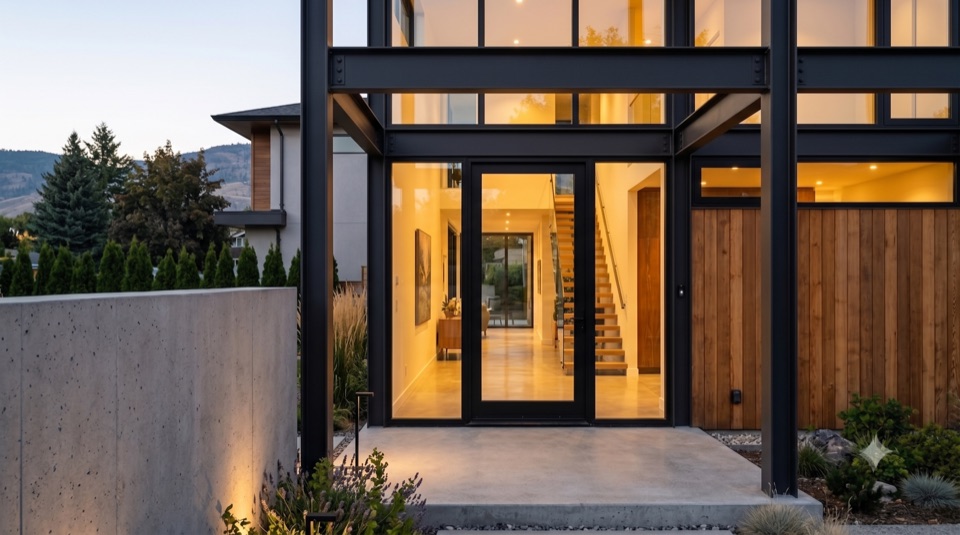 The way in, sheltered under deep eaves, a lit door at dusk.
