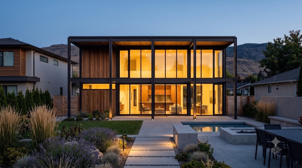 The garden side opens wide in glass and warm light. The face the family lives with.