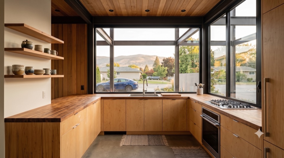 An honest kitchen: plywood, butcher block, a window on the yard.