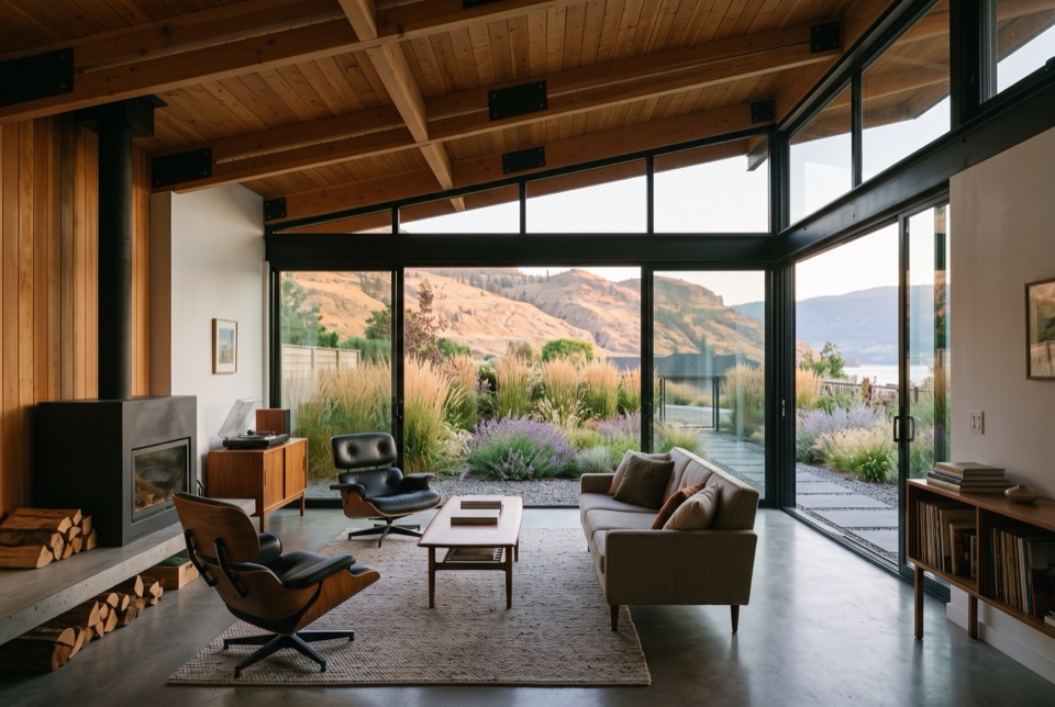 Living room under conventional frame, a full wall of glass to the outside.