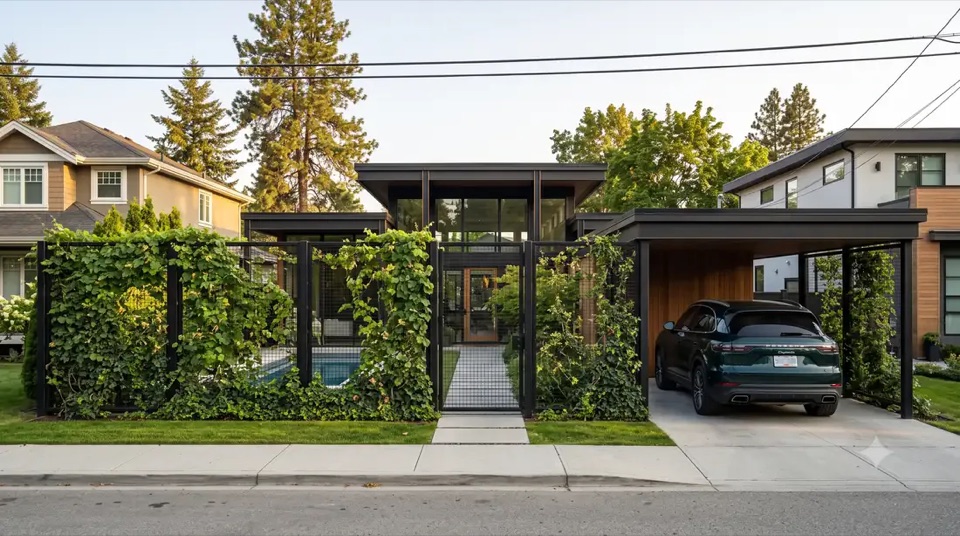 From the street: a calm, low face. The house saves its glass for the garden.