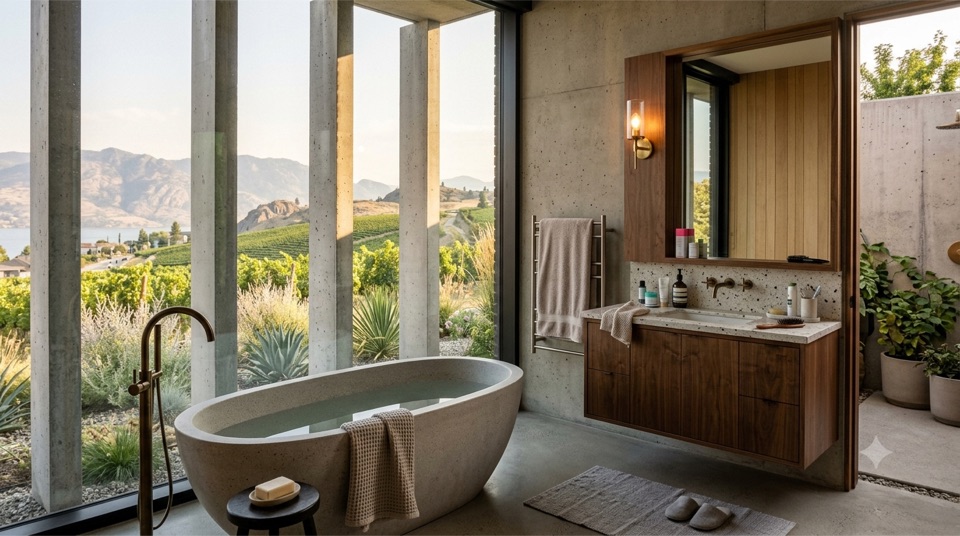 Stone tub bathroom looking over vineyard rows to the lake