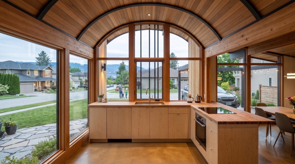 An honest kitchen: plywood, butcher block, a window on the yard.