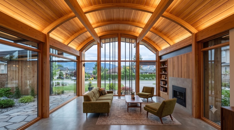 Living room under glulam curved beams, a full wall of glass to the outside.