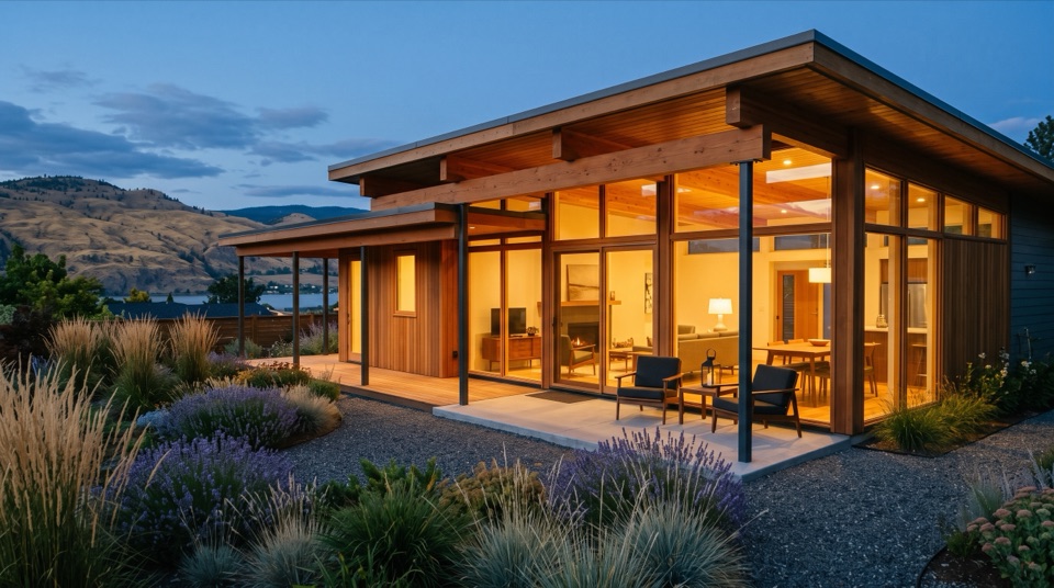 The garden side opens wide in glass and warm light. The face the family lives with.