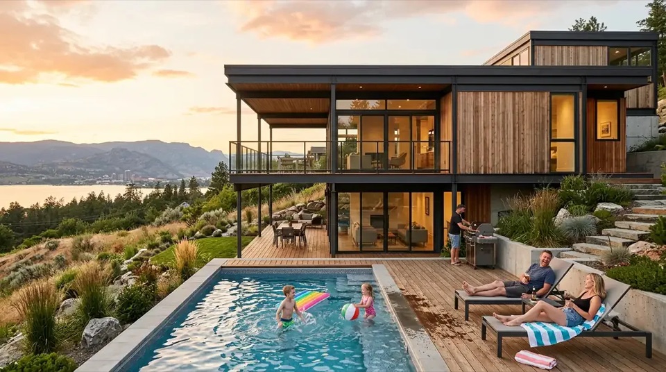 The lake side at dusk: glass, deck, and water below.