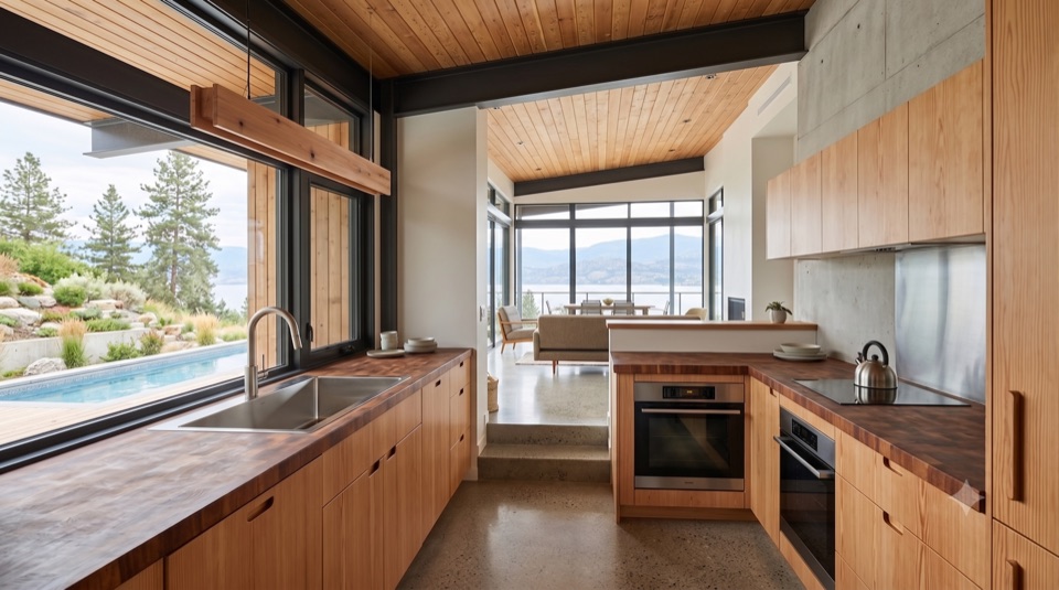An honest kitchen: plywood, butcher block, a window on the yard.