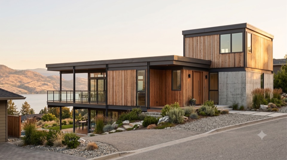 The approach from above, stepped flat roofs roof against the hills.
