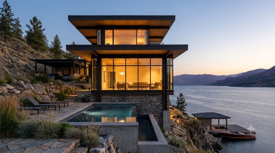 The lake side at dusk: glass, deck, and water below.