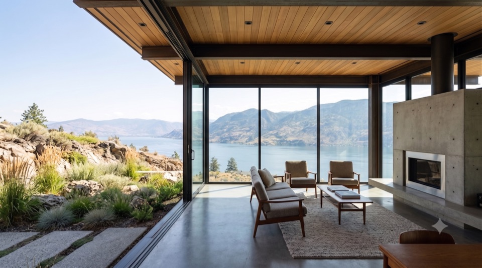 Living room under steel frame on rock anchors, a full wall of glass to the outside.