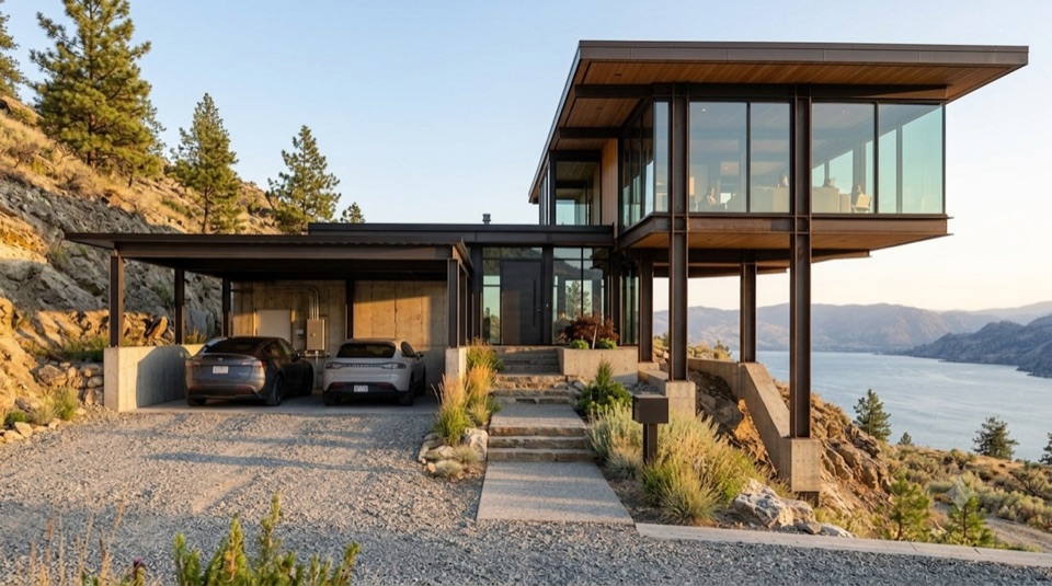 The approach from above, flat roof against the hills.