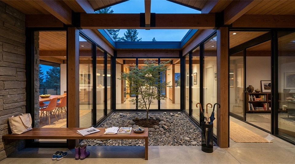 Glazed atrium courtyard with a small tree and river stones